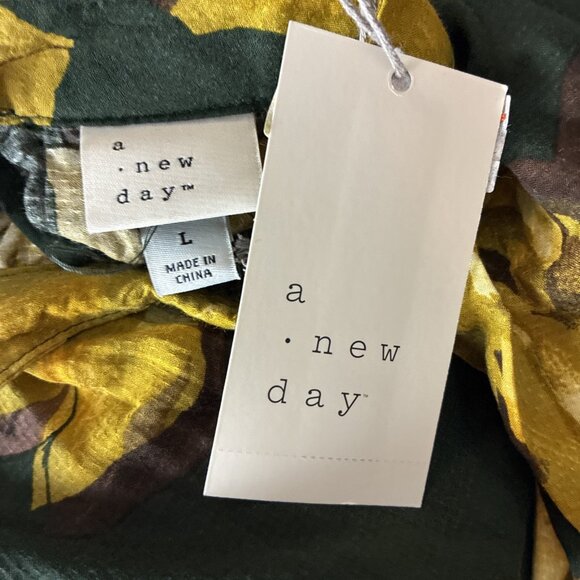 A New Day Womens L Green Yellow Floral Maxi Dress Long Sleeve High Neck Flowing - Picture 5 of 7